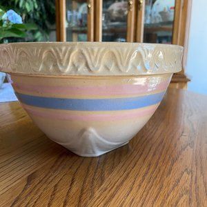 Vintage McCoy Yellow Ware Pink/Blue Stripe Square Bottom Pie Crust Rim Bowl